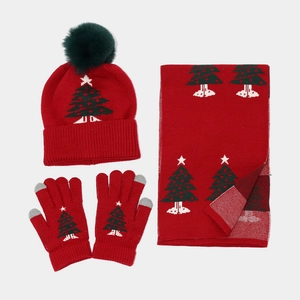 Weihnachts-Strickset mit roter Mütze, grünem Bommel, Schal und Winterhandschuhen