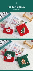 Hand-crocheted Christmas drawstring bags with Santa, snowflake, and gingerbread patterns