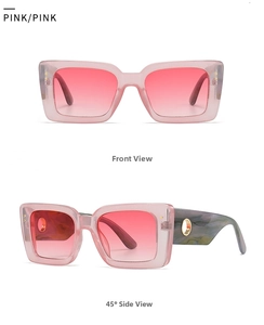Front and side view of pink square oversized sunglasses with marble pattern temples