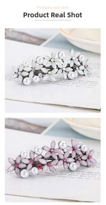 Detail of floral hair clips with pearls and rhinestones in matte white and glitter purple