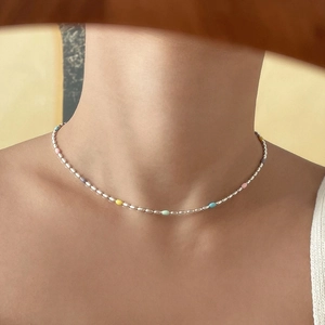 925 Sterling Silver Rainbow Olive Bead Necklace Multi Color Enamel Minimalist Korean Sweet Style For Women