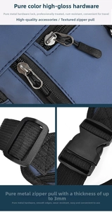 Detail of 3mm thick metal zipper slider and durable buckle on blue crossbody bag