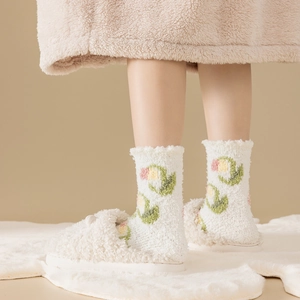 Thick coral fleece winter socks with tulip flower patterns for home and sleep wear