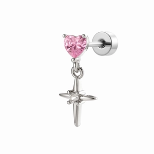 Silver titanium steel stud earring with pink heart gem and dangling cross charm