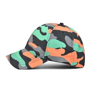 Classic cotton camo baseball cap in orange and mint green multi-color pattern
