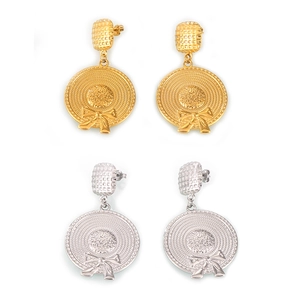 Gold and silver textured bow hat pendant earrings with checkered square studs