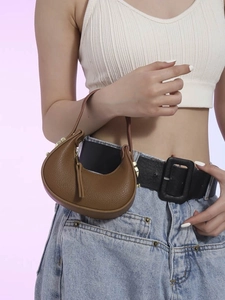 Brown leather crescent moon underarm bag with lychee texture and gold metal hardware