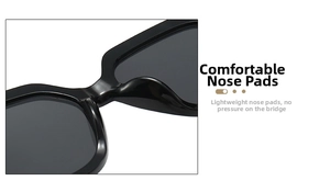 Detail of comfortable integrated nose pads on black square oversized plastic sunglasses