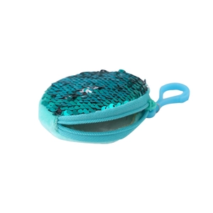 Blue sequin mini coin purse with zipper closure and portable hook for children