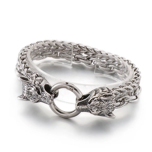 Mens silver stainless steel double row braided chain bracelet with dual wolf head motifs