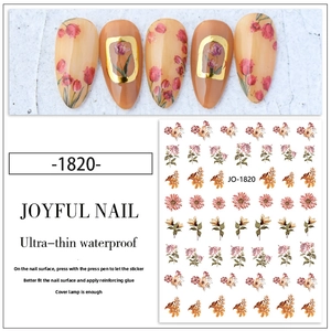 Macro detail of JO-1820 floral nail stickers with red roses and ultra-thin waterproof film