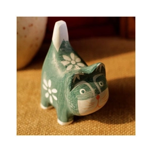 Handcrafted wooden cat figurine with green floral painting for home desktop decor