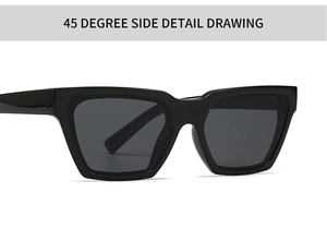 45-degree side view of black square cat-eye sunglasses with thick frames and dark lenses