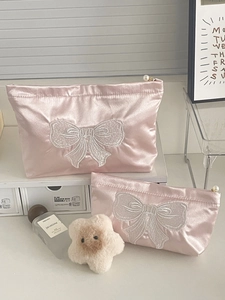 Satin Makeup Bag With Bow Embroidery Pink Elegant Cosmetic Pouch With Artificial Pearl Zipper Travel Toiletry Storage For Women
