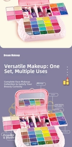 Detailed multi-layer pink kids makeup set showing eyeshadows, blushes and nail polishes