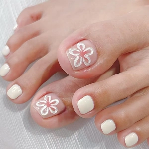 Creamy White Press On Toenails With Floral Design Glossy ABS Resin Foot Nail Art For Women Summer Decor