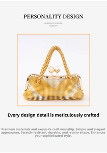 Detail of gold evening bag with rhinestones, geometric V-pattern, and beaded handle