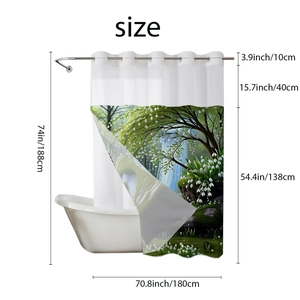 Size chart for forest and lily print shower curtain measuring 70.8x74 inches with metal rings