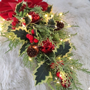 Nordic Christmas teardrop swag with LED lights, red berries, and pine cones for door decor