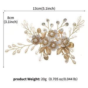 Detailed size map of handmade pearl metal flower hair clip measuring 13cm by 8cm