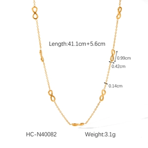 Detail view of gold 18K plated stainless steel infinity necklace with size and weight info