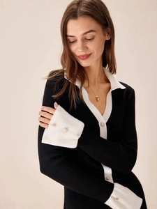 Elegant black knit cardigan dress with white collar and pearl buttons on 1688 fashion