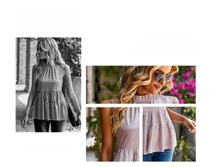 Detail of mauve animal print sleeveless top with ruffled hem and pleated high collar