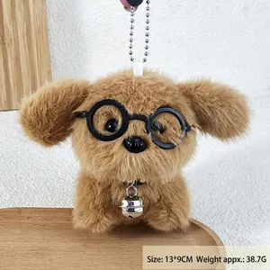 Mini plush puppy keychain with round glasses and bell, 13x9cm fluffy bag charm
