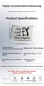 Detail view of penguin print linen makeup bag with 17x25cm size and zipper closure