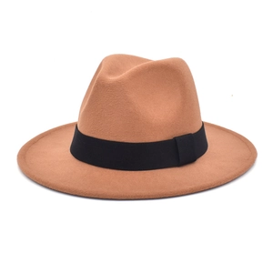 Close-up of camel wool fedora hat featuring a smooth brim and black grosgrain ribbon band
