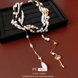 French style multi-layer pearl necklace with gold key pendant and waterdrop pearl charm