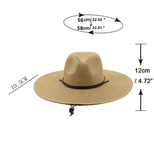 Khaki paper straw Panama sun hat with wind rope and dimensional specs 56-58cm