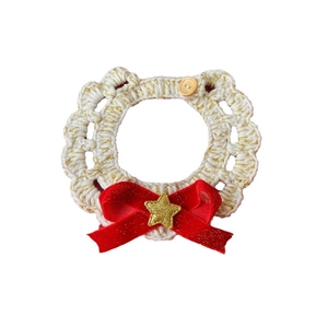 Handmade crochet pet Christmas collar with red velvet bow and gold star on white background