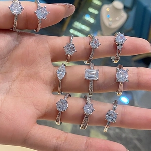 Adjustable Ring For Women Sparkling Round Cubic Zirconia Silver Plated Alloy Six Prong Setting Wedding Engagement