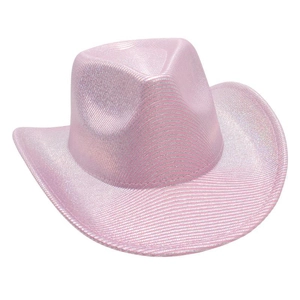Macro shot of pink metallic cowboy hat featuring woven texture and shiny pearlescent finish