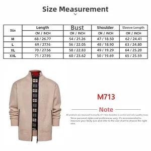 Size chart for men's stand collar knit cardigan with measurements in CM and INCH