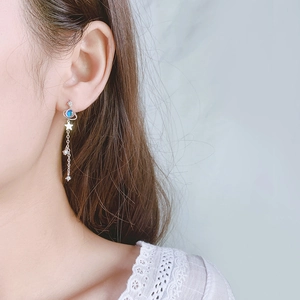 Star and blue planet long tassel earrings in silver finish worn by a model