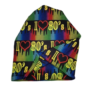 Rainbow knitted beanie featuring 80s equalizer design and I Love 80's embroidery
