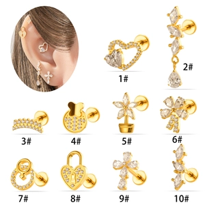 G23 titanium golden stud earrings set with heart and cross shapes for helix piercing