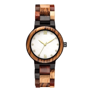 Multicolor wooden watch with pearl dial, crystals, and Roman numerals on clean background