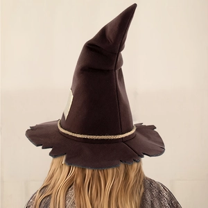 Scarecrow style wizard hat for Halloween costume featuring a brown patched design