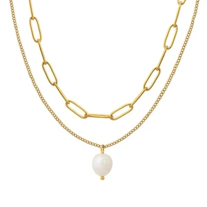 Double-layered gold stainless steel necklace featuring a rectangle link chain and a pearl pendant