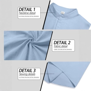 Men's light blue linen long sleeve shirt with mandarin collar and fabric texture details