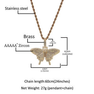 Hip hop style gold butterfly pendant necklace with AAAAA+ zircon and stainless steel chain