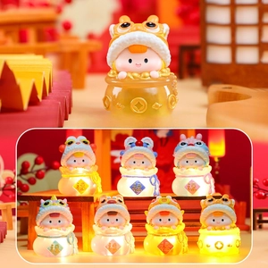 Detail of Tang Dynasty style lion dance baby figurines with lucky bag base and light-up feature