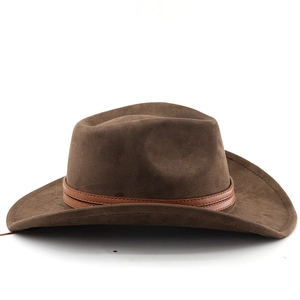 Close-up of wide brim brown suede fedora featuring a stitched leather belt detail