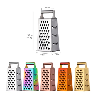 Stainless steel 4-sided vegetable grater with dimensions and multiple color options