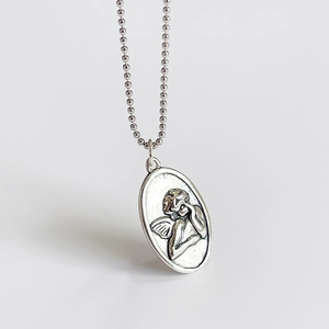 925 Sterling Silver Angel Relief Pendant Necklace Vintage Retro Embossed Cherub Oval Medallion Bead Chain For Women