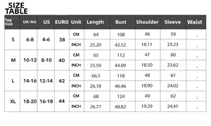 Detailed size guide table for women's long sleeve button shirt with EU US UK measurements