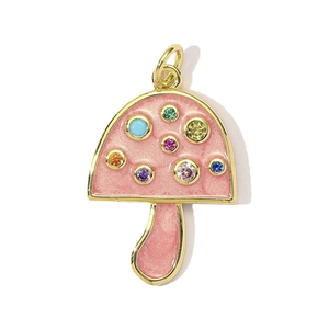 Pink glitter enamel mushroom charm pendant with colorful gemstones and gold plating
